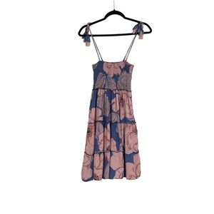 Maaji Women's Floral Tassel Shoulder Tie Smocked Bodice Tiered Mini Dress Size L